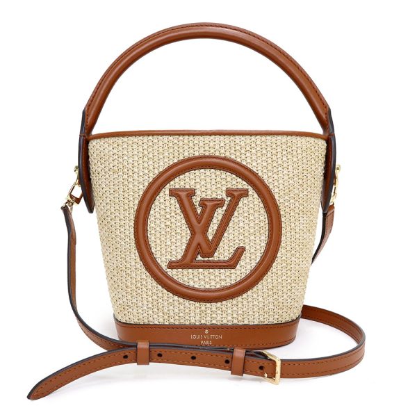 200009498019 Louis Vuitton Petit Bucket Basket 2way Crossbody Raffia Calfskin Brown