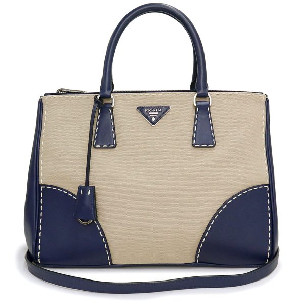 200009943019 Prada Canapa Shoulder Canvas Leather Beige Navy