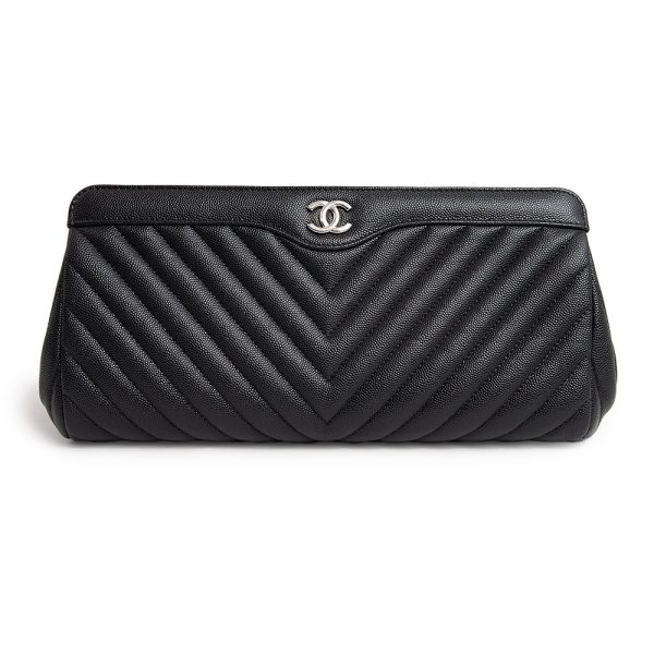 200010726019 Chanel Coco Mark V Stitch Second Clutch Bag Caviar Skin Black Silver