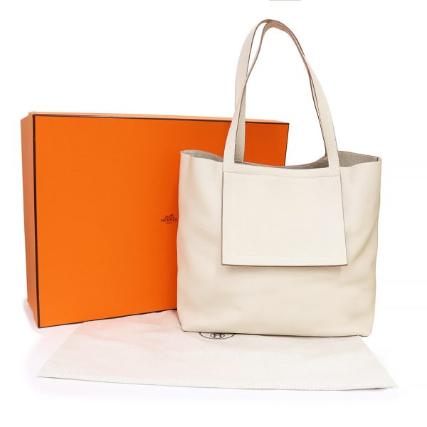 200011108019 2 Hermes Cabasserie 46 Taurillon Clemence Tote Bag Beton White