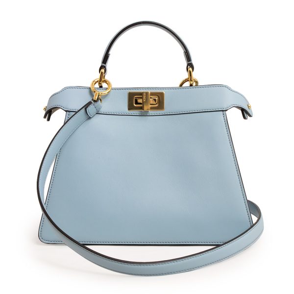 200012906019 Fendi Peekaboo Crossbody Calfskin Shoulder Handbag Light Blue Gold