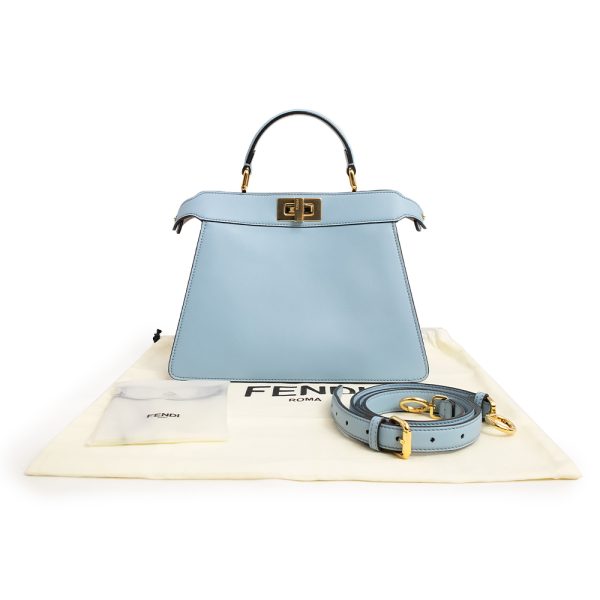 200012906019 2 Fendi Peekaboo Crossbody Calfskin Shoulder Handbag Light Blue Gold