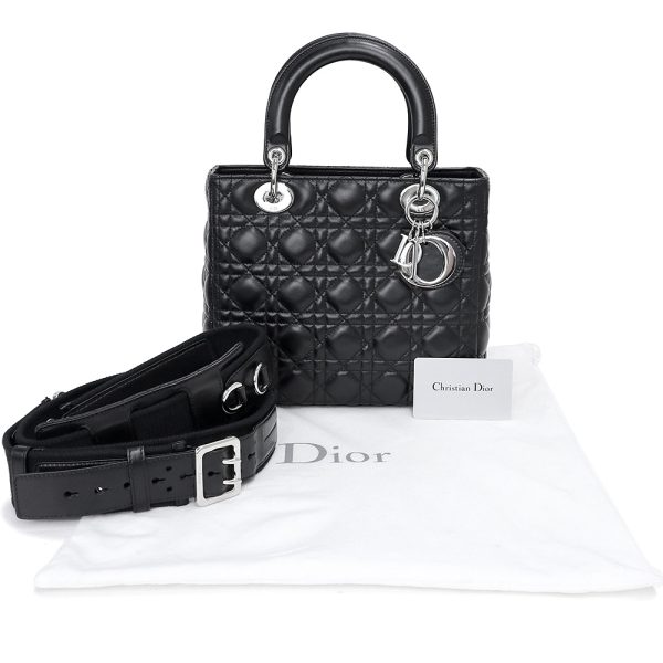 200013090019 2 Christian Dior Lady Dior Lambskin Leather Shoulder Handbag Black