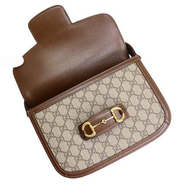 200013314019 3 GUCCI Horsebit 1955 Shoulder Bag Diagonal GG Supreme Beige Brown Gold