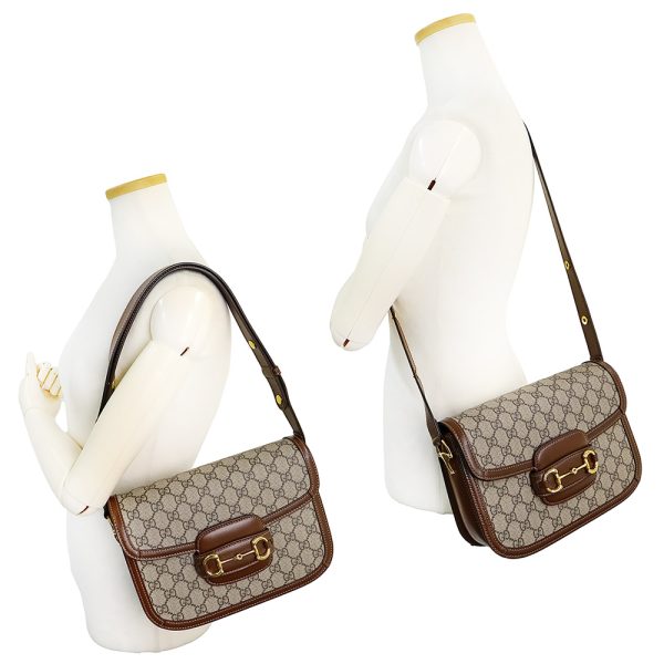 200013314019 9 GUCCI Horsebit 1955 Shoulder Bag Diagonal GG Supreme Beige Brown Gold