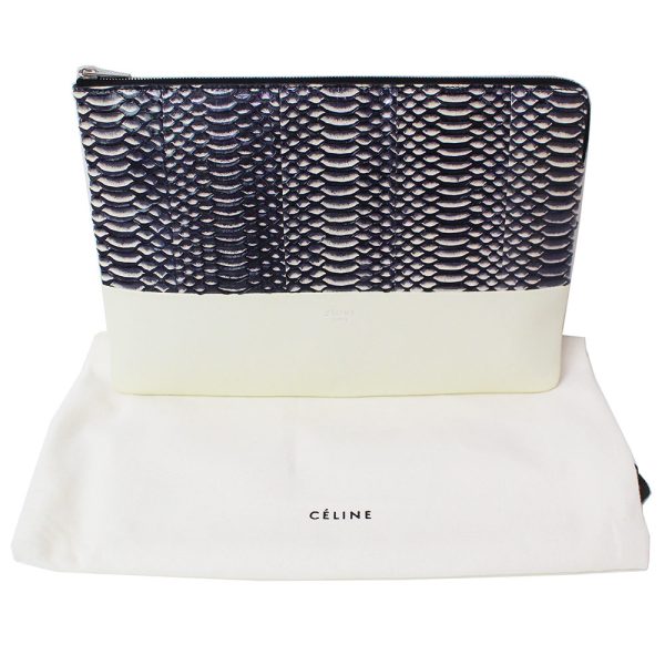 200089285018 2 Celine Solo Clutch Pouch Bag Bicolor Lambskin Leather Snake Python White