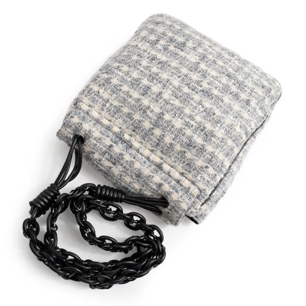 200100035018 6 Chanel Camellia Leather Chain Shoulder Bag Tweed Gray