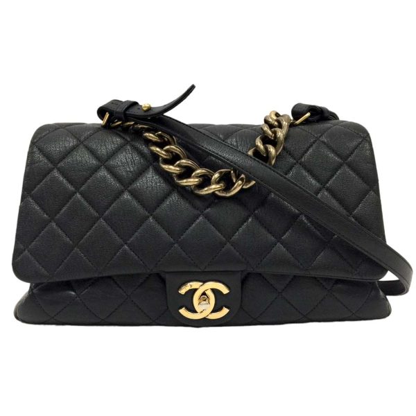 22 4159 2 Chanel Chain Shoulder 2way Handbag Matelasse Shiny Sheepskin Black