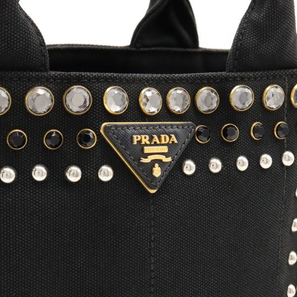 22371223 7 Prada Canapa Tote Handbag Bijou Studded Canvas Black