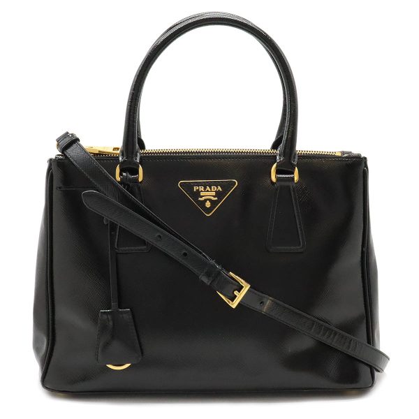 22420195 1 Prada Galleria Handbag 2 Way Shoulder Crossbody Enamel Leather Black Gold