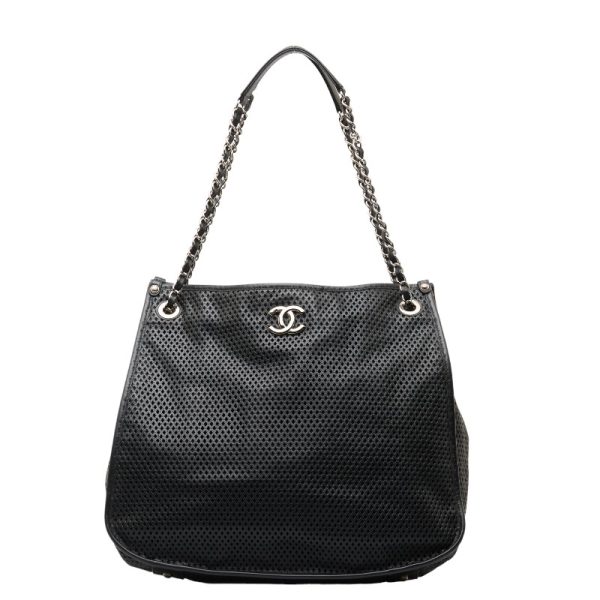 228 48732 1 CHANEL Cocomark Punching Chain Crossbody Leather Shoulder Bag Black