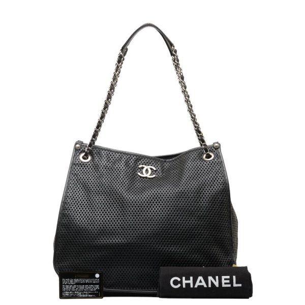 228 48732 9 CHANEL Cocomark Punching Chain Crossbody Leather Shoulder Bag Black