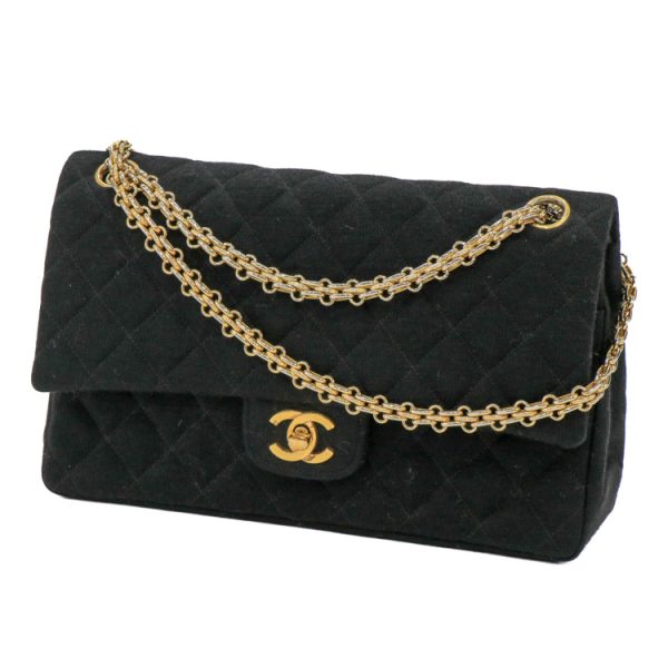 23 2647 01 Chanel Matelasse Double Flap Chain Canvas Shoulder Bag Black