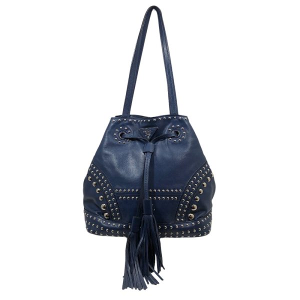 2300039467224 1 Prada Studded Drawstring Fringe Leather Tote Bag Blue