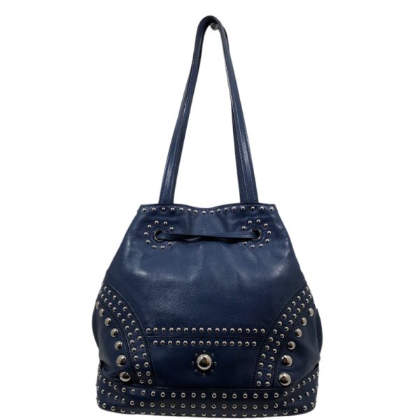 2300039467224 2 Prada Studded Drawstring Fringe Leather Tote Bag Blue