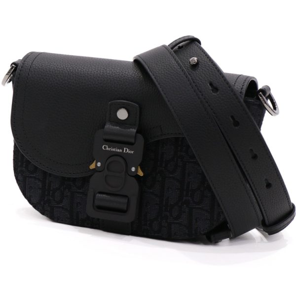 24 1440 01 Christian Dior Calf Skin Oblique Jacquard Saddle Flap Mini Unisex Messenger Bag Black