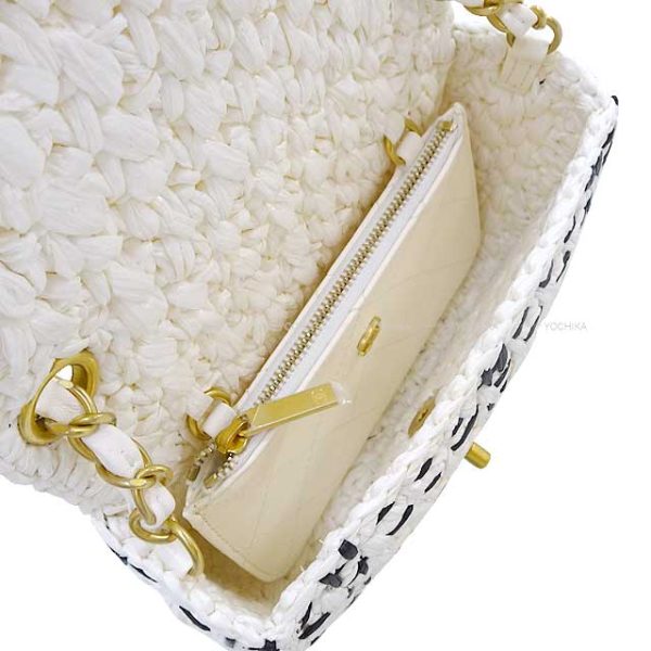 24010923 1 Chanel Matelasse Mini Flap Chain BlancNoir RaffiaEffect Tweed