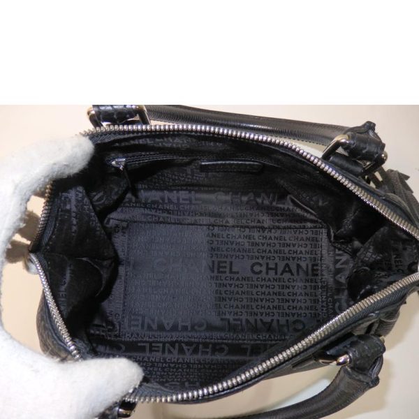 27771 6 Chanel Fringe Logo Leather Boston Bag Black