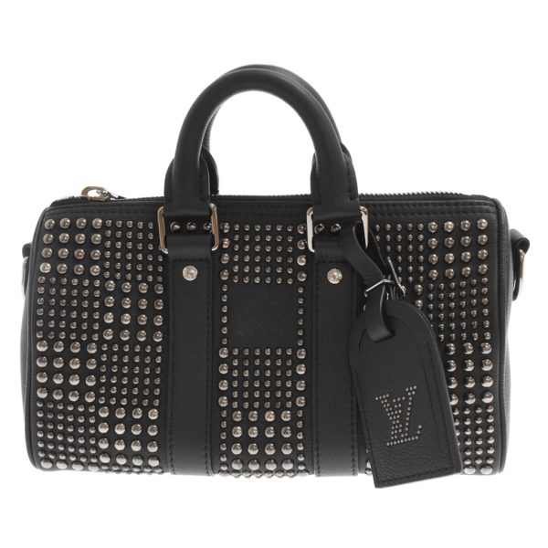 3124f100004 1a LOUIS VUITTON Metal Studs Keepall Bandouliere Bag Leather Black