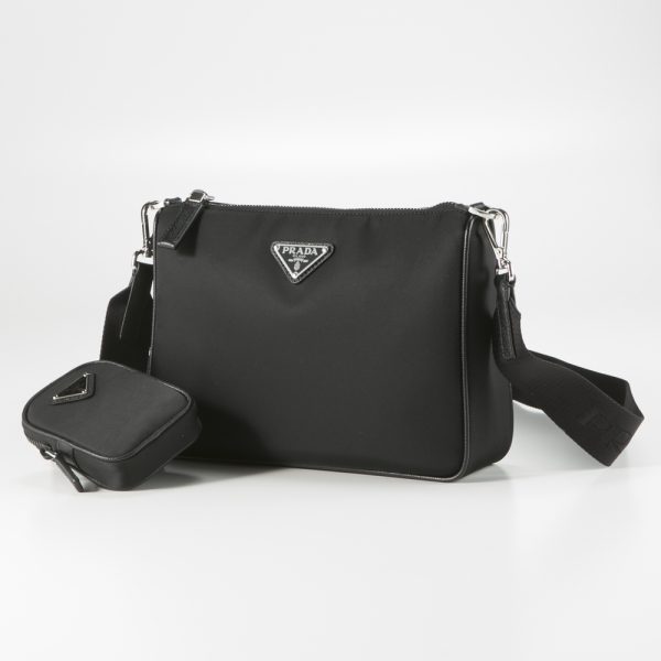 320100kma290015 Prada Shoulder Bag ReNylon+Saffiano Horizontal with Pouch Black