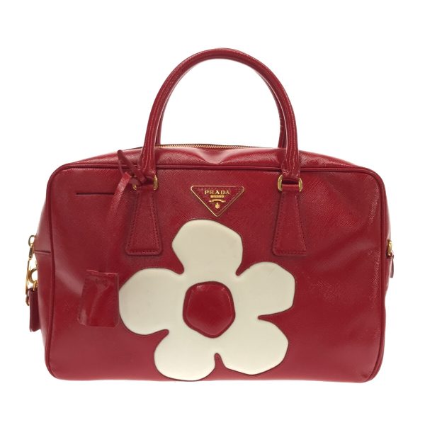 37741618 1 Prada Handbag Enamel Leather Flower Red x White