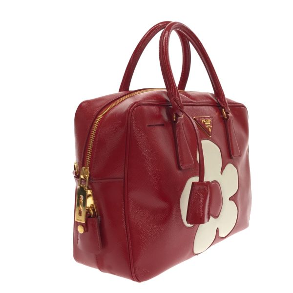 37741618 2 Prada Handbag Enamel Leather Flower Red x White