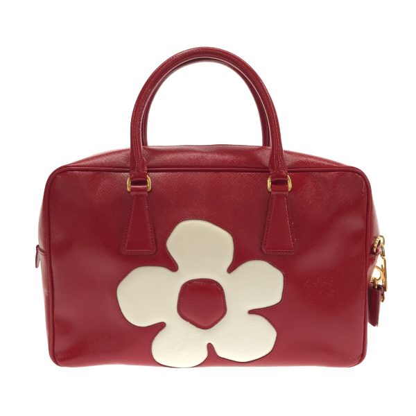 37741618 3 Prada Handbag Enamel Leather Flower Red x White