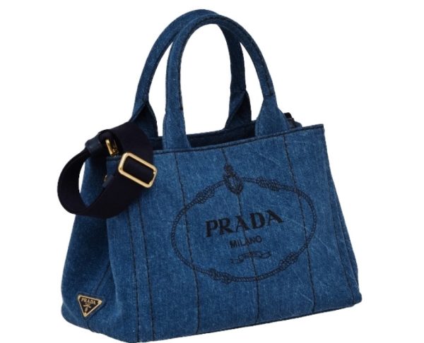 439 Prada Canapa 2way Bag Tote Denim Blue Black Gold