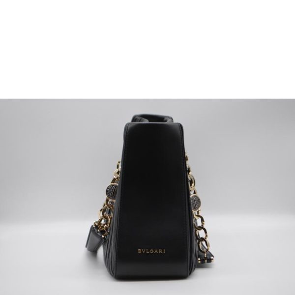 47696 3 Bvlgari Monete Nappa Plise Chain Leather Tote Noir