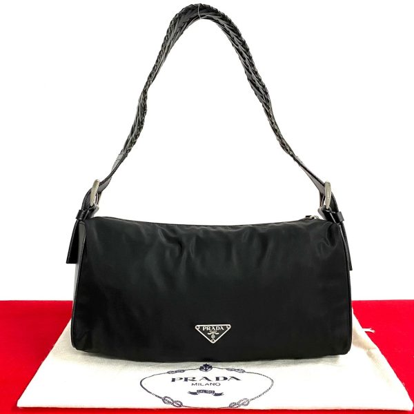 492a242907447 1 Prada Triangle Leather Shoulder Bag Tote Black