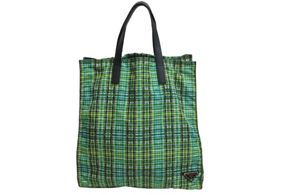 53677 d1 Prada Green Tote Bag Plaid Triangle Logo Nylon Saffiano Silver