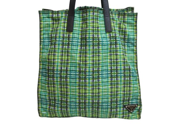 53677 d2 Prada Green Tote Bag Plaid Triangle Logo Nylon Saffiano Silver