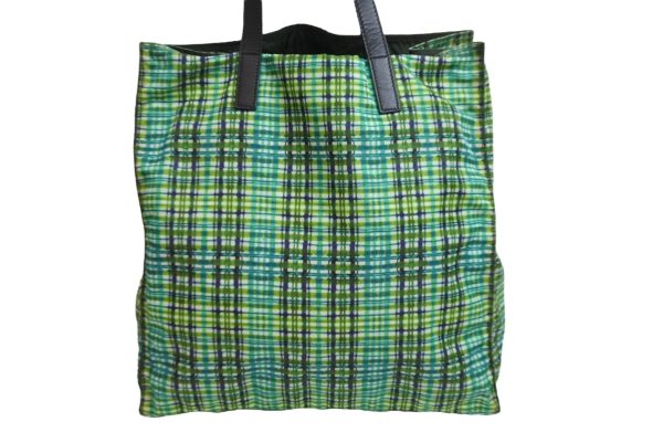 53677 d3 Prada Green Tote Bag Plaid Triangle Logo Nylon Saffiano Silver