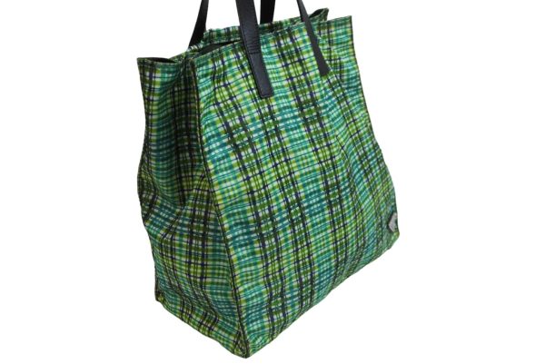 53677 d4 Prada Green Tote Bag Plaid Triangle Logo Nylon Saffiano Silver