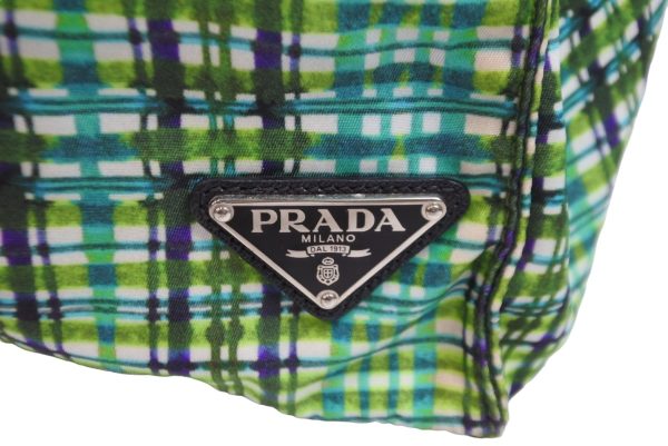 53677 d6 Prada Green Tote Bag Plaid Triangle Logo Nylon Saffiano Silver