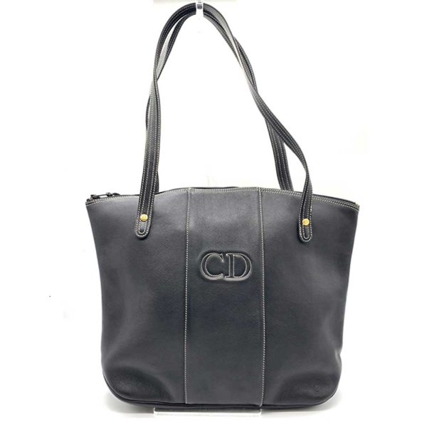 6 di231222 2ta Christian Dior Vintage Leather Semi Shoulder Tote Bag Black Gold Hardware