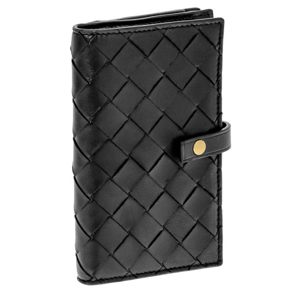 609070 8648 7 Bottega Veneta Bifold Wallet Intrecciato Lambskin Leather Black Gold