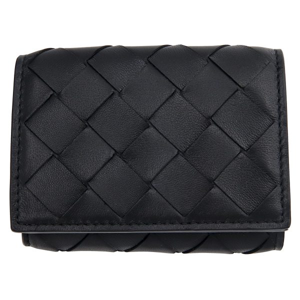 609285 8803 1 Bottega Veneta Trifold Wallet Snap Coin Purse Lambskin Leather Black Silver