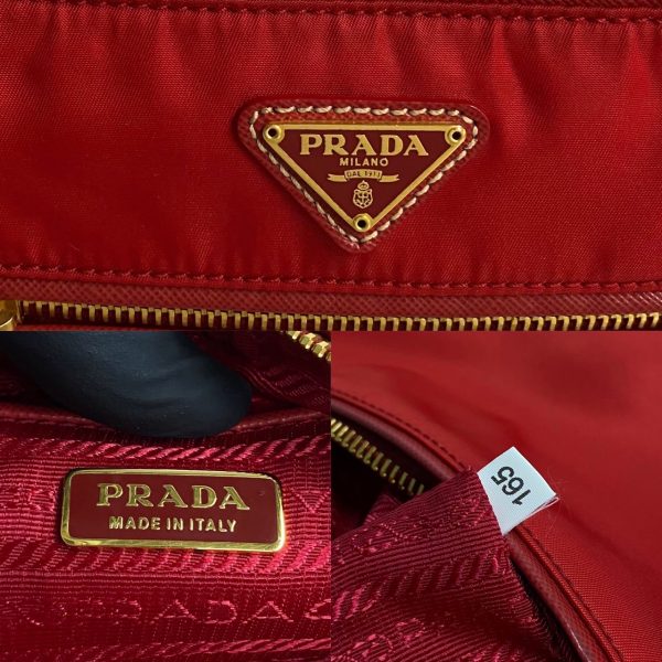 759k758 27046 3 Prada Triangle Logo Metal Fittings Nylon Leather Handbag Mini Tote Bag Red