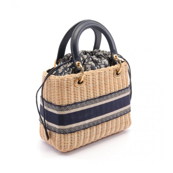 866038 1 Christian Dior Lady Dior Medium Wicker Dior Oblique Jacquard Rattan Leather Canvas Bag Ivory Navy