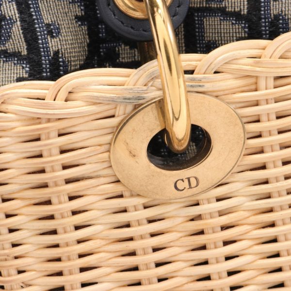 866038 8 Christian Dior Lady Dior Medium Wicker Dior Oblique Jacquard Rattan Leather Canvas Bag Ivory Navy