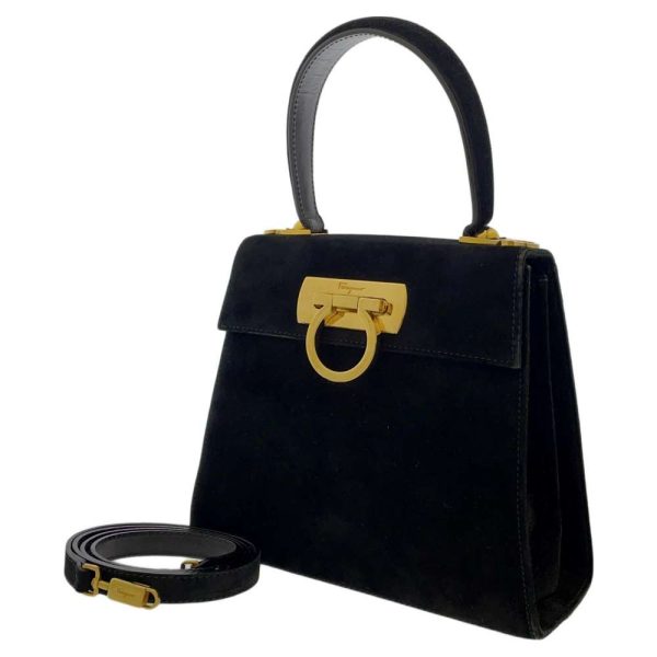 9180789 01 Ferragamo Gancini Suede Ferragamo Shoulder Bag Black