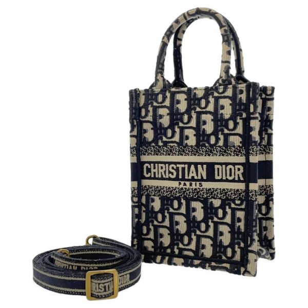 9223721 01 Christian Dior Oblique Embroidery Pochettte Tote Bag Navy