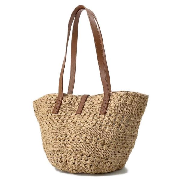 9463721 02 Saint Laurent Paris Pannier Crochet Raffia Basket Bag Beige Brown