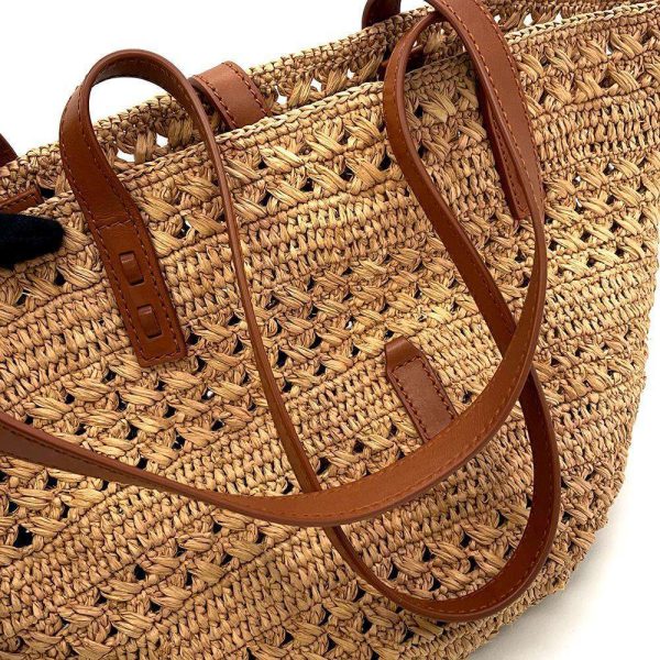 9463721 10 Saint Laurent Paris Pannier Crochet Raffia Basket Bag Beige Brown