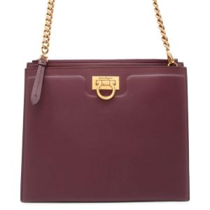 9608672 01 Ferragamo TRIFOLIO Gancini Chain Shoulder Bag Bordeaux