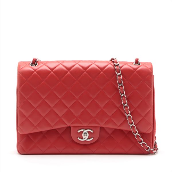 ap055020 0 Chanel Big Matelasse Lambskin Double Flap Double Chain Red Silver