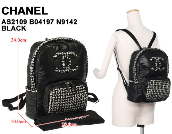 as2109 04197 n9142 1 Chanel Nylon Tweed CC Logo Backpack Daypack Black