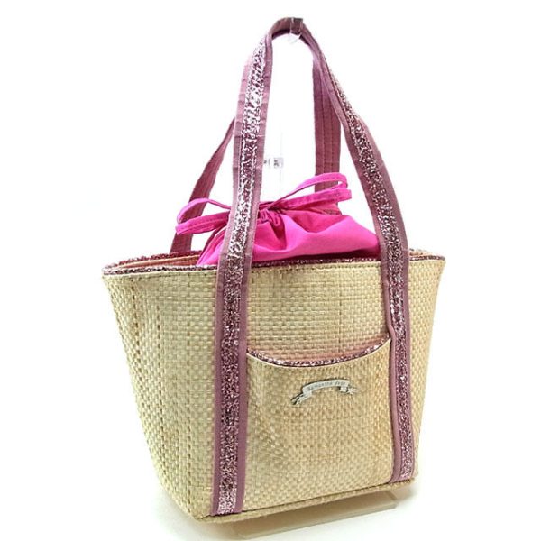 c1715 Samantha Vega Logo Plate Tote Basket Shoulder Bag Natural x Pink x Silver