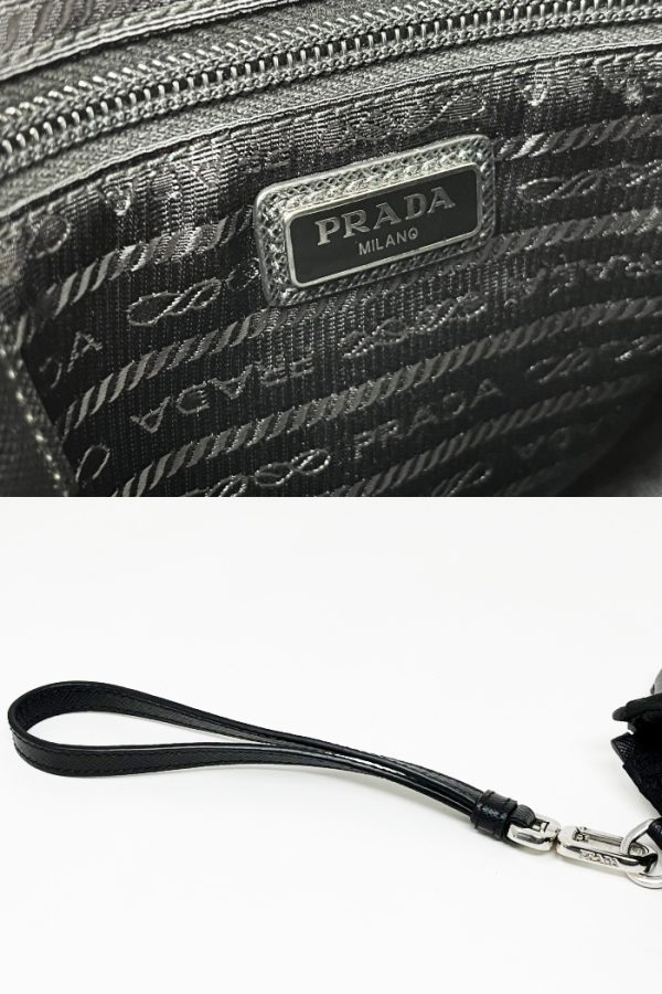 compass1712044366 Prada Hand Pouch Clutch Nylon Metal Logo Black